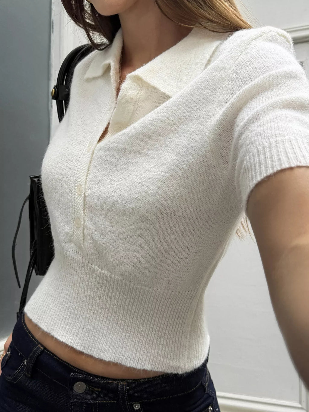 Women's Beige Button Front Short Sleeve Sweater - Beige