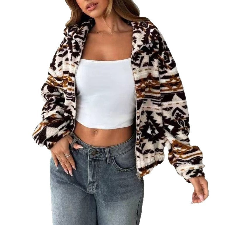 Womens Casual Printed Cardigan With A Lapel And Zipper