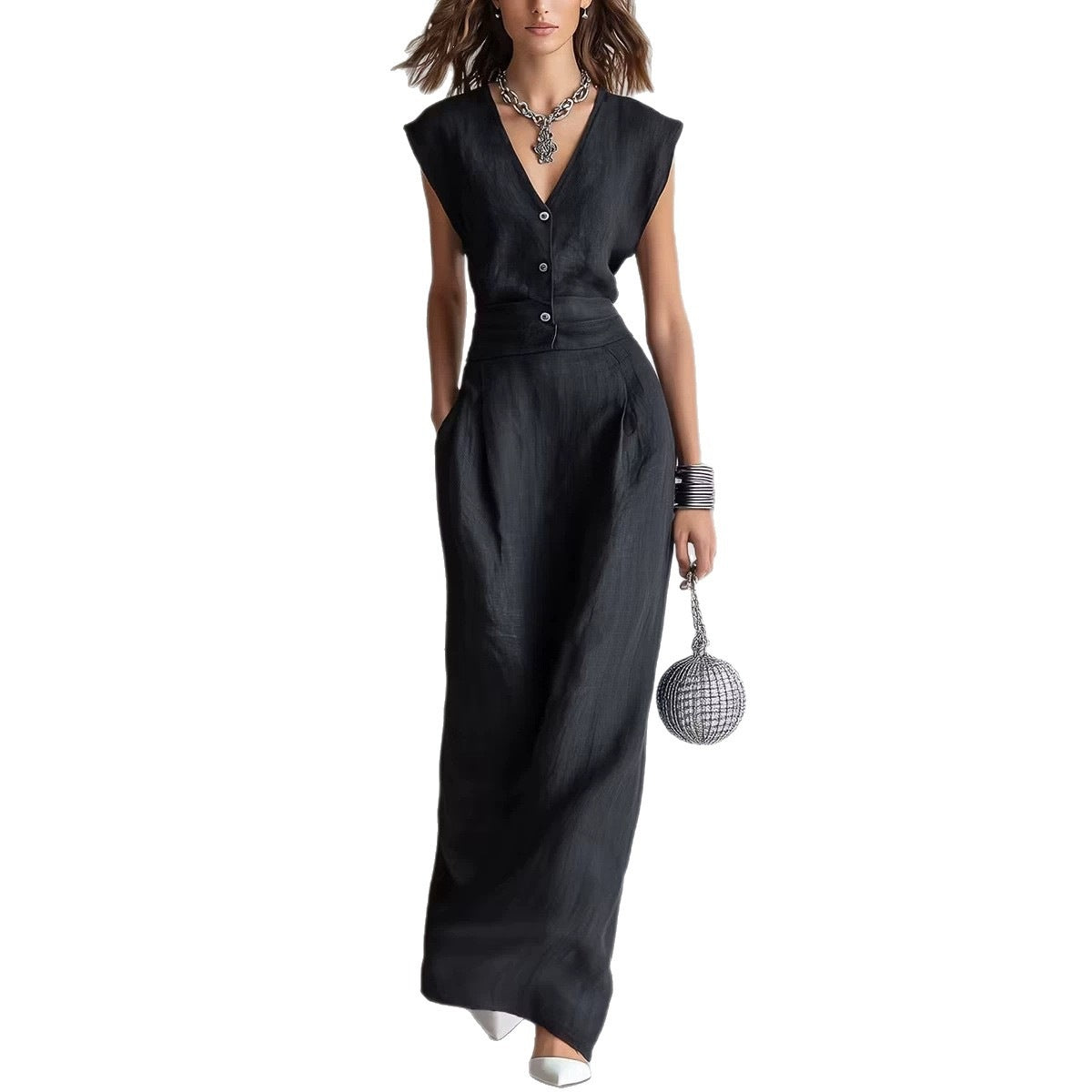 V-neck Sleeveless Cotton-linen Blend Single-breasted Dress