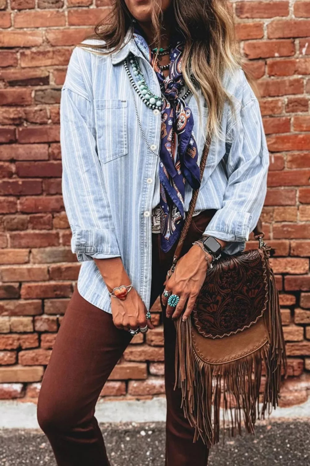 Women's Light Blue Stripe Boyfriend Chest Pocket Classic Denim Shacket - Light Blue