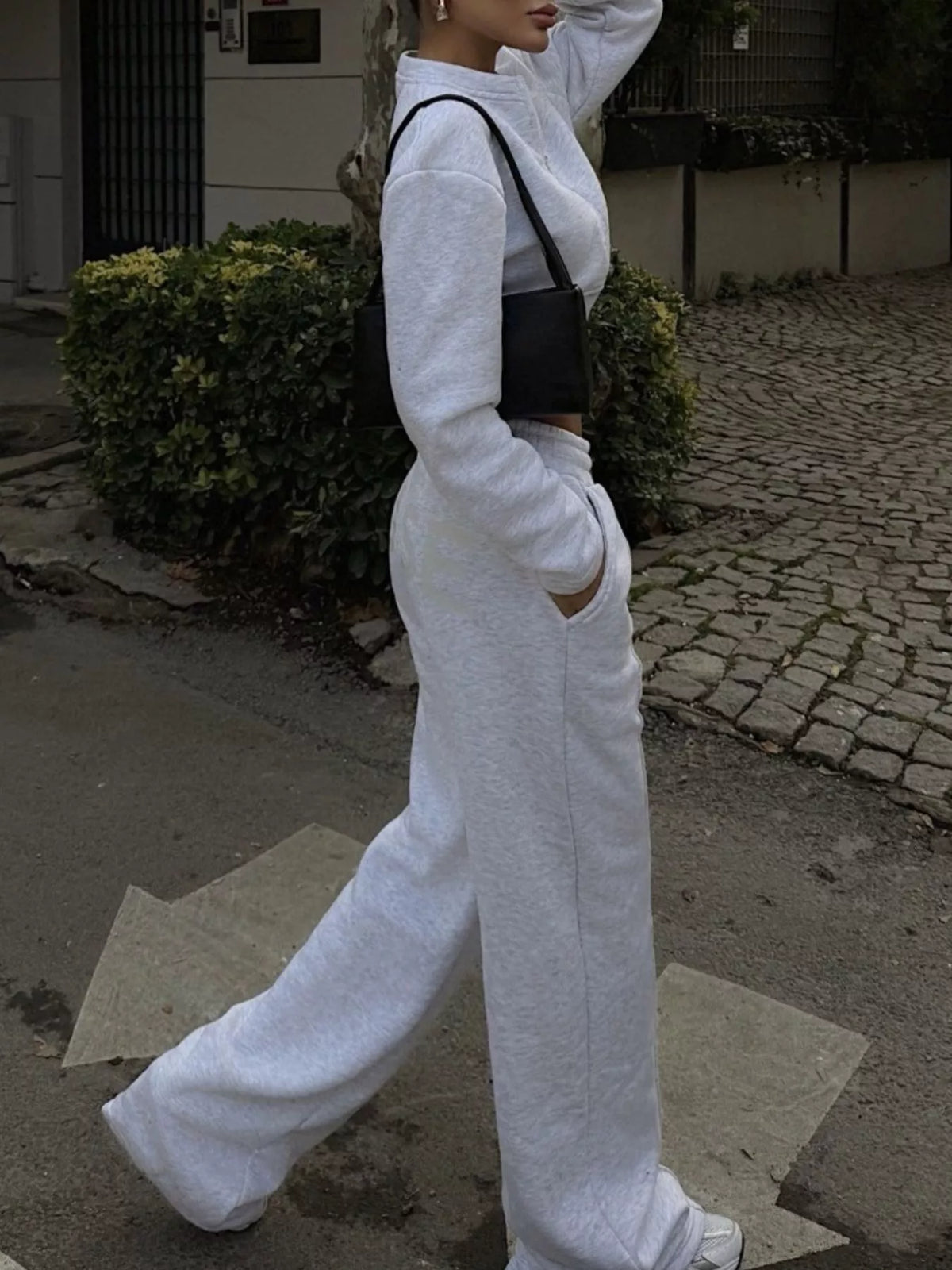 Women's Zip-Up Crop Jacket and Wide-Leg Pants Set
