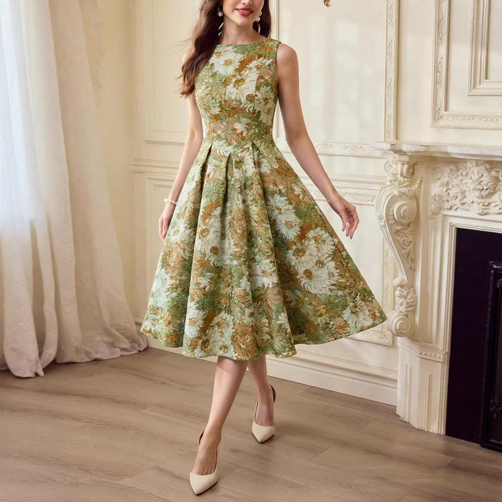 French-style Women's Retro Oil-painting Sleeveless Dress