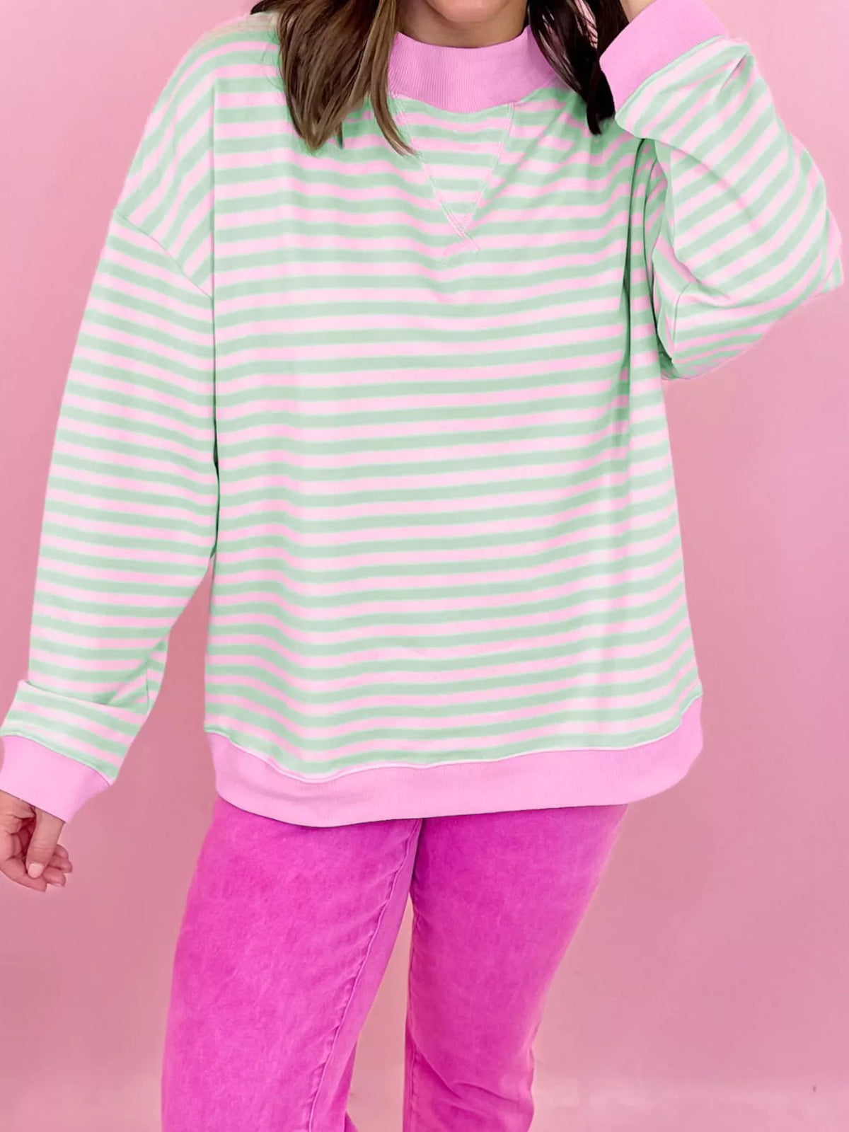 Women's Striped Round Neck Long Sleeve Sweatshirt - Stripe