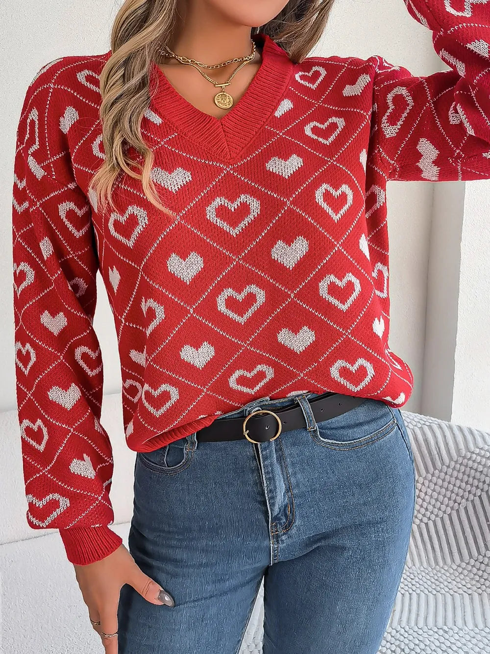 Women's Heart Pattern V-Neck Long Sleeve Sweater