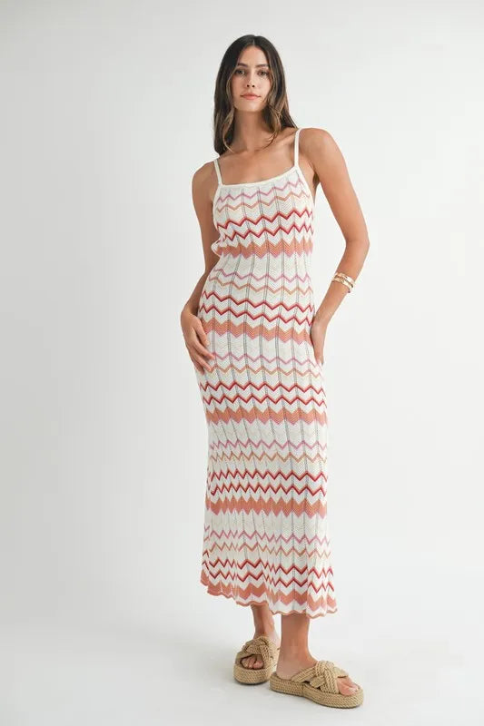 Women's Salmon Lightweight Pointelle Chevron Knit Maxi Dress - Salmon