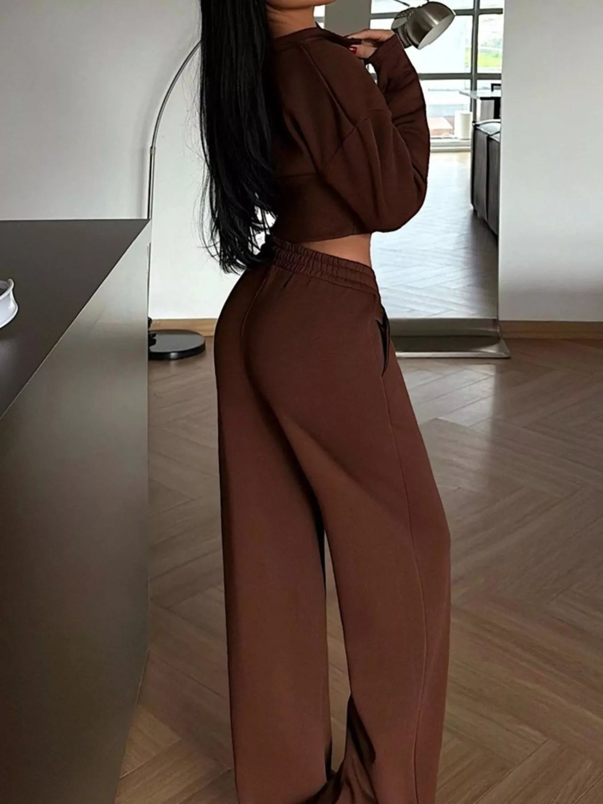 Women's Zip-Up Crop Jacket and Wide-Leg Pants Set