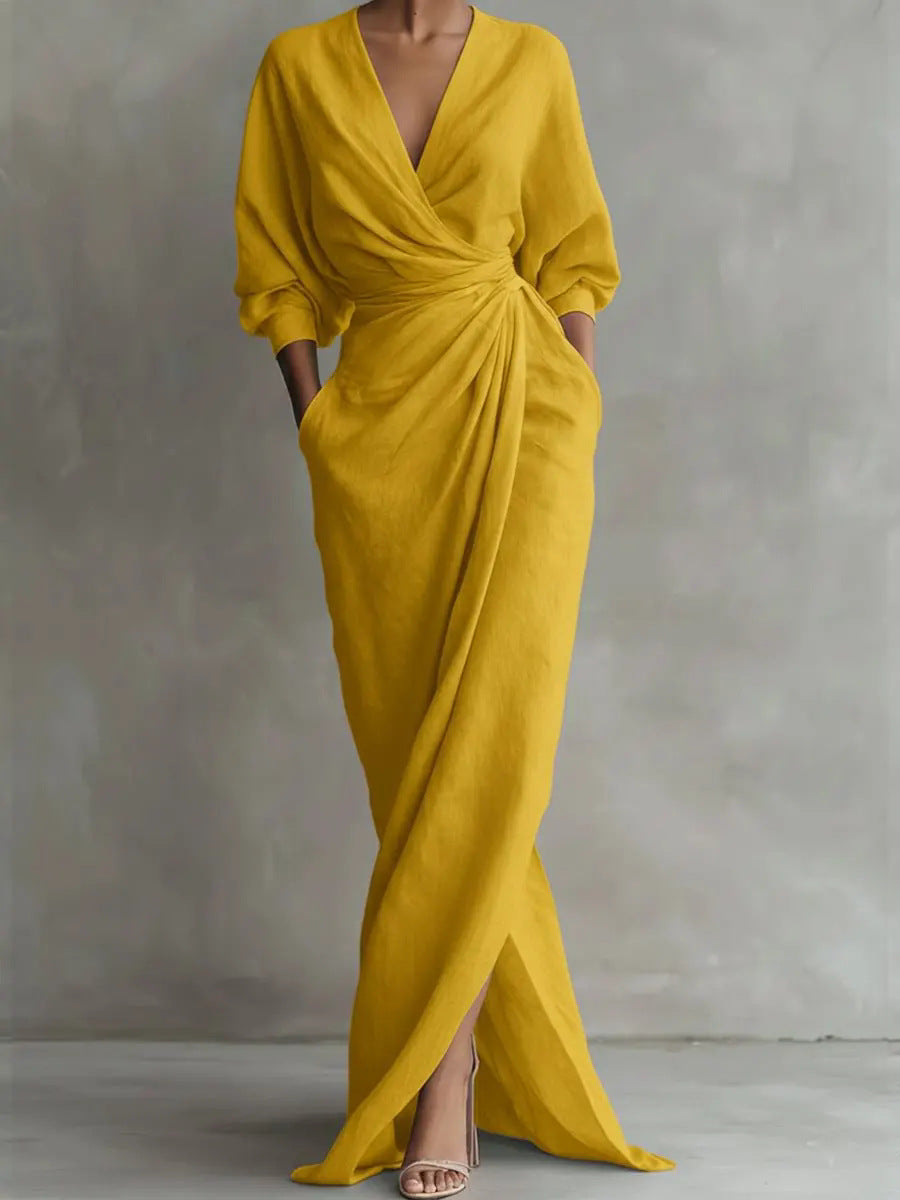 New Style Elegant Solid Color V-Neck Long Sleeve Slit Waist-Cinching Pocket Long Dress For Independent Sites
