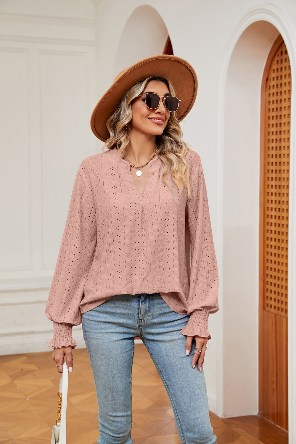 Women's Notched Neck Flounce Sleeve Blouse