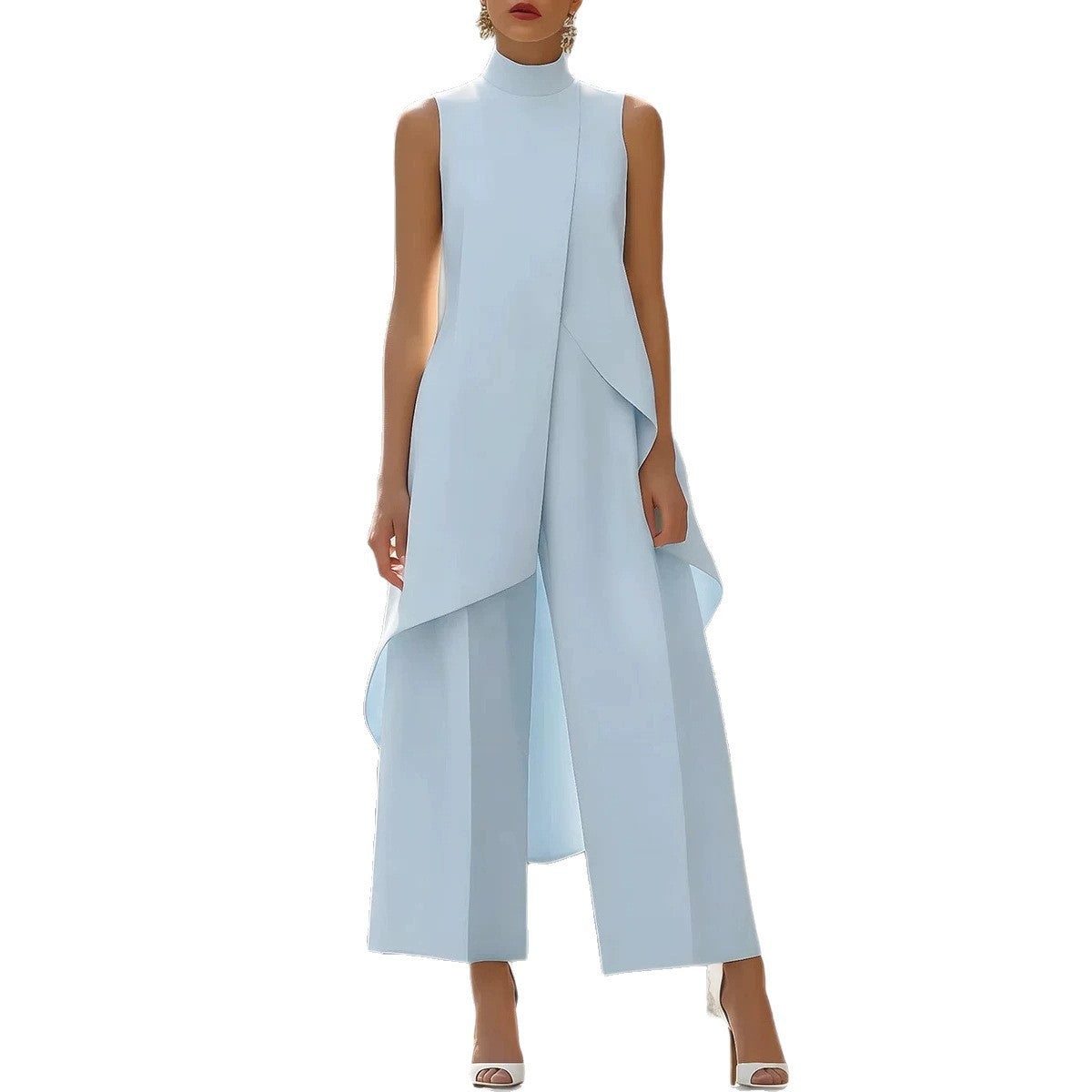 Fashion New Style, Slim-Fit Irregular Design, High-Neck Sleeveless Layered Wide-Leg Pants Two-Piece Set