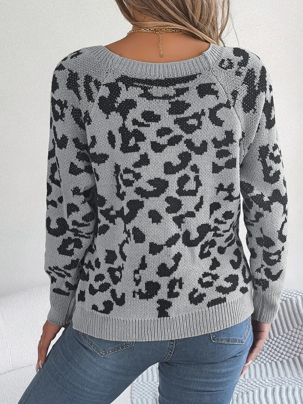 Women's Leopard Buttoned Square Neck Sweater