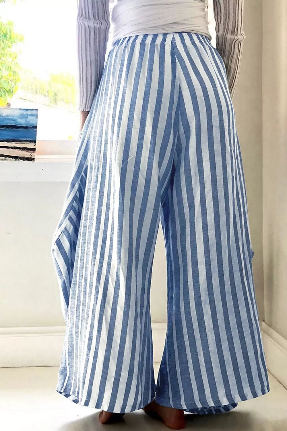 Women's Light Blue Striped Wide-Leg Pants - Light Blue