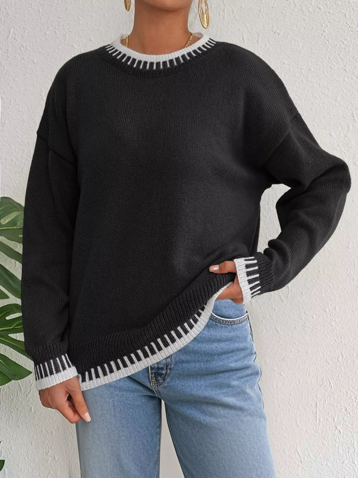 Women's Contrast Trim Crew Neck Drop Shoulder Sweater