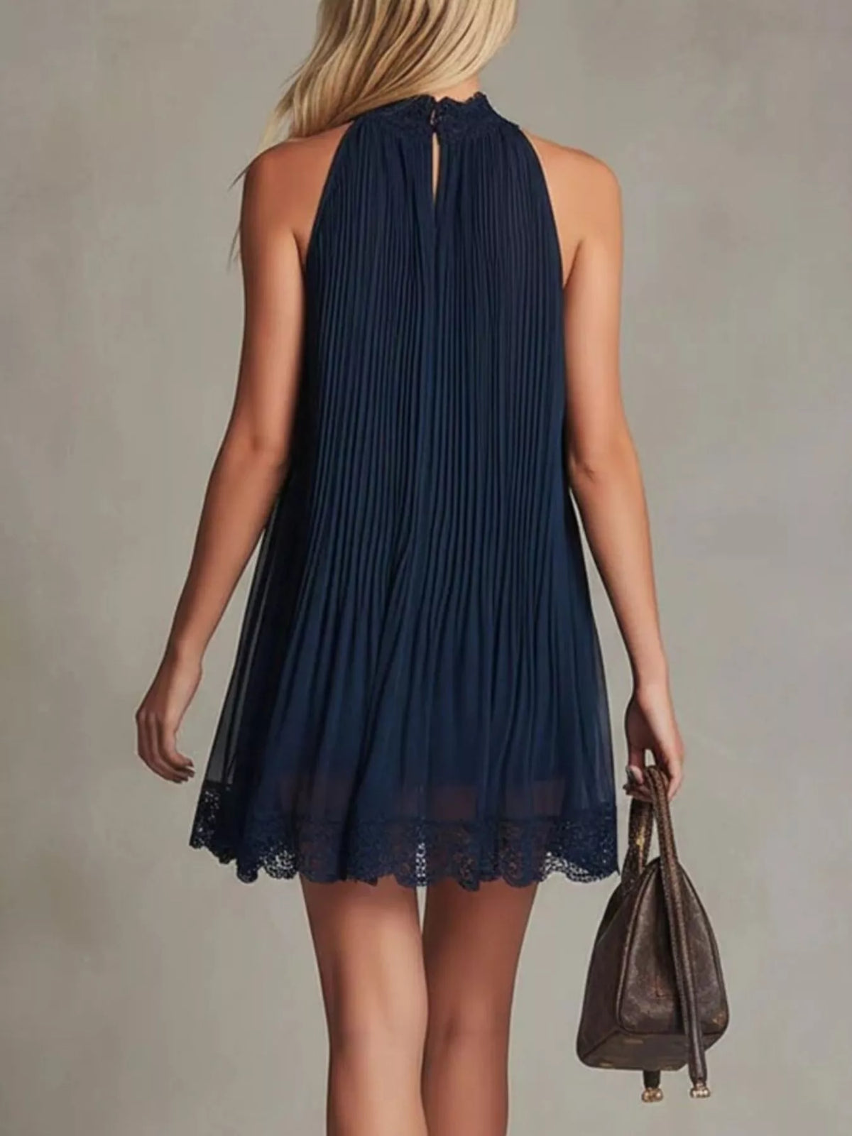 Women's Dark Blue Pleated Lace Trim Sleeveless Mini Dress - Dark Blue