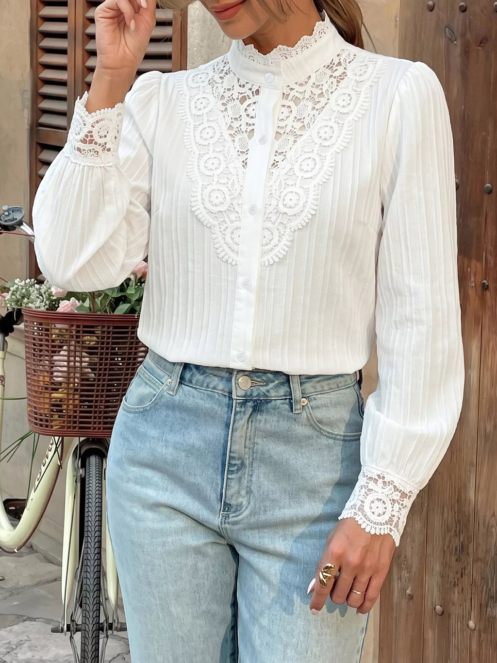 Women's White Lace Detail Long Sleeve Shirt - White