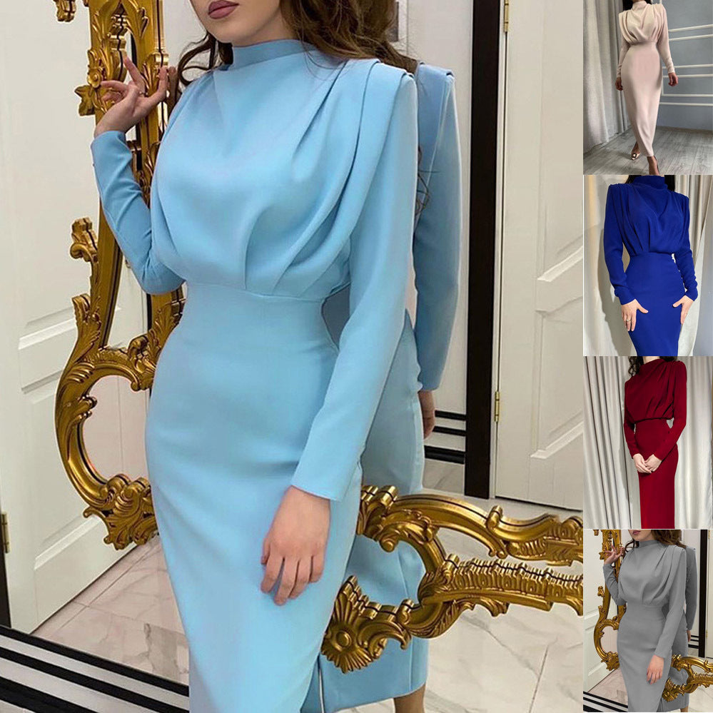 2024 Autumn New Fashion Temperament Waist Western Style Solid Color Long Sleeve Dress Wholesale