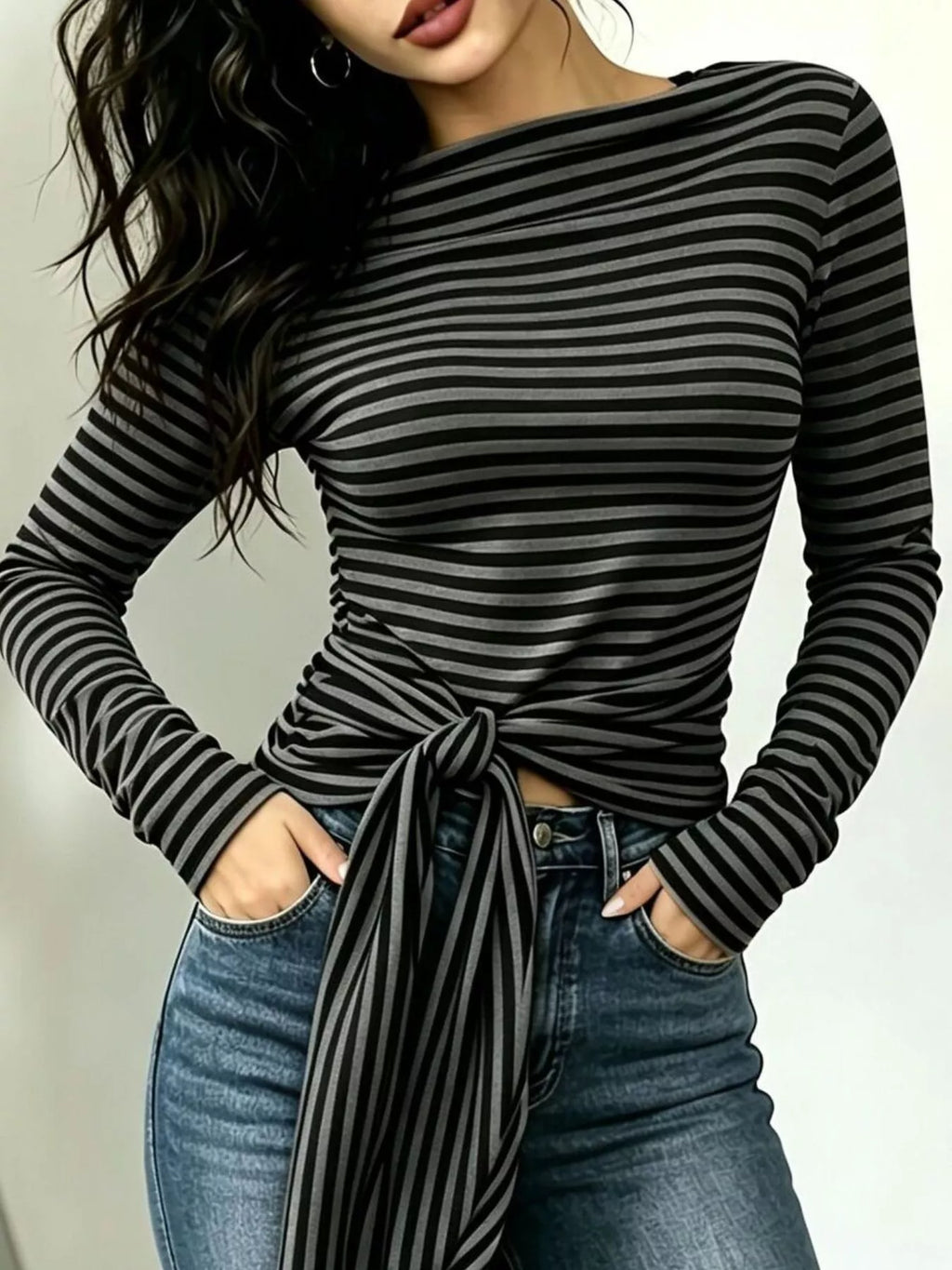 Women's Long Sleeve Striped T-Shirt with Front Tie Detail