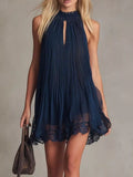 Women's Dark Blue Pleated Lace Trim Sleeveless Mini Dress - Dark Blue