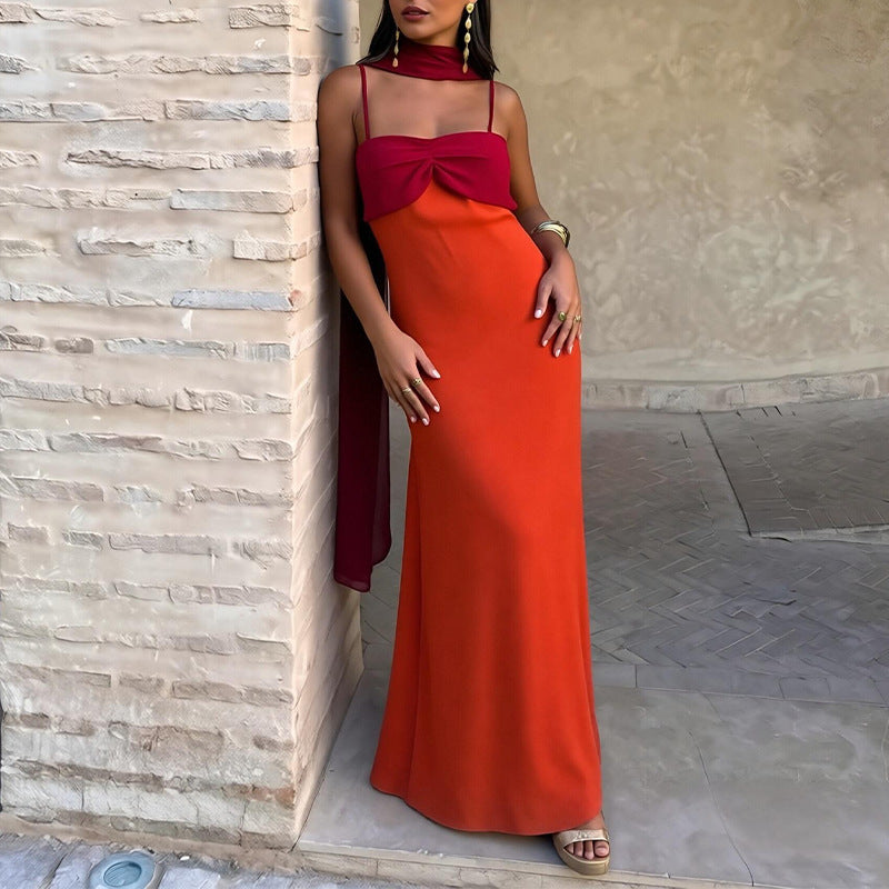 Women's Foreign Trade Women's Clothing Summer Dress Fashionable Color-Block Scarf Collar Slim Fit Bodycon Strap Dress