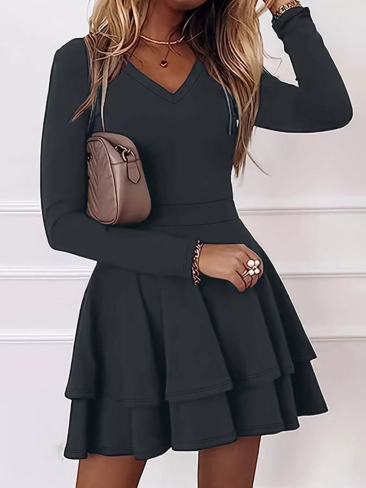 Women's V-Neck Long Sleeve Layered Ruffle Mini Dress - Dark Gray