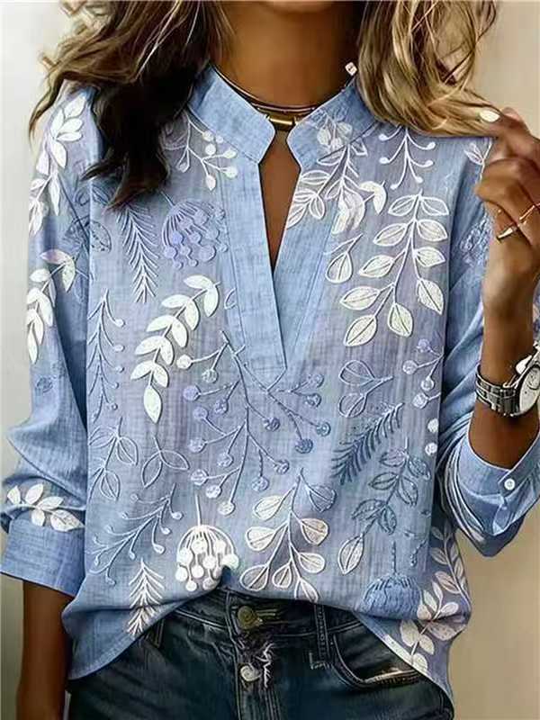 Womens Boho Leaf Floral Print Long Sleeve Blouse, Stand Notch Collar Keyhole V Neck Loose Fit Casual Tunic Shirt