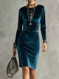 Women's Blue Velvet Long-Sleeve Bodycon Dress - Blue