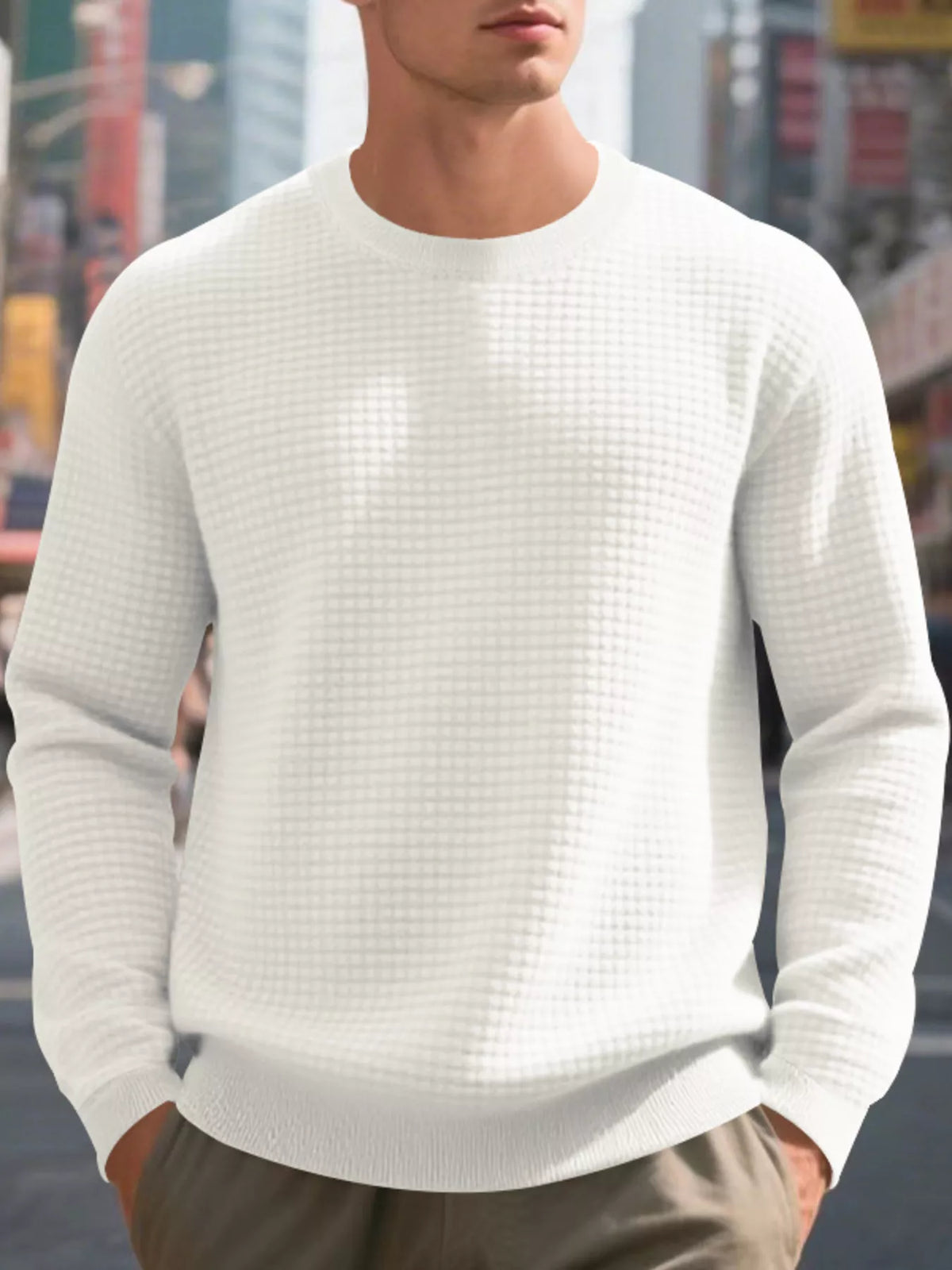 Men's Full Size Classic Waffle-Knit Crew Neck Sweatshirt Plus Size