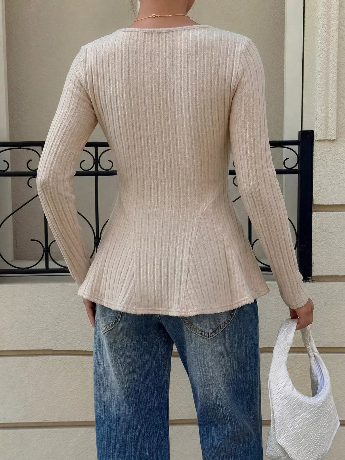 Women's Apricot Square Neck Ribbed Peplum Knit Top - Apricot