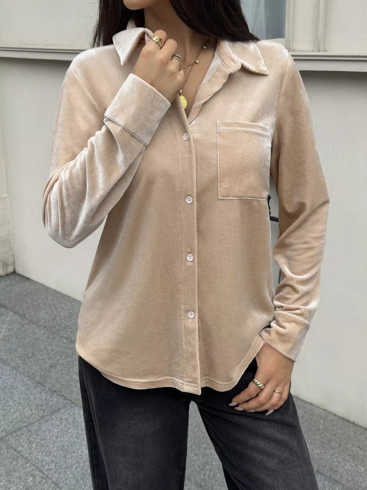 Women's Khaki Color Velvet Button-Down Shirt with Chest Pocket - Khaki Color
