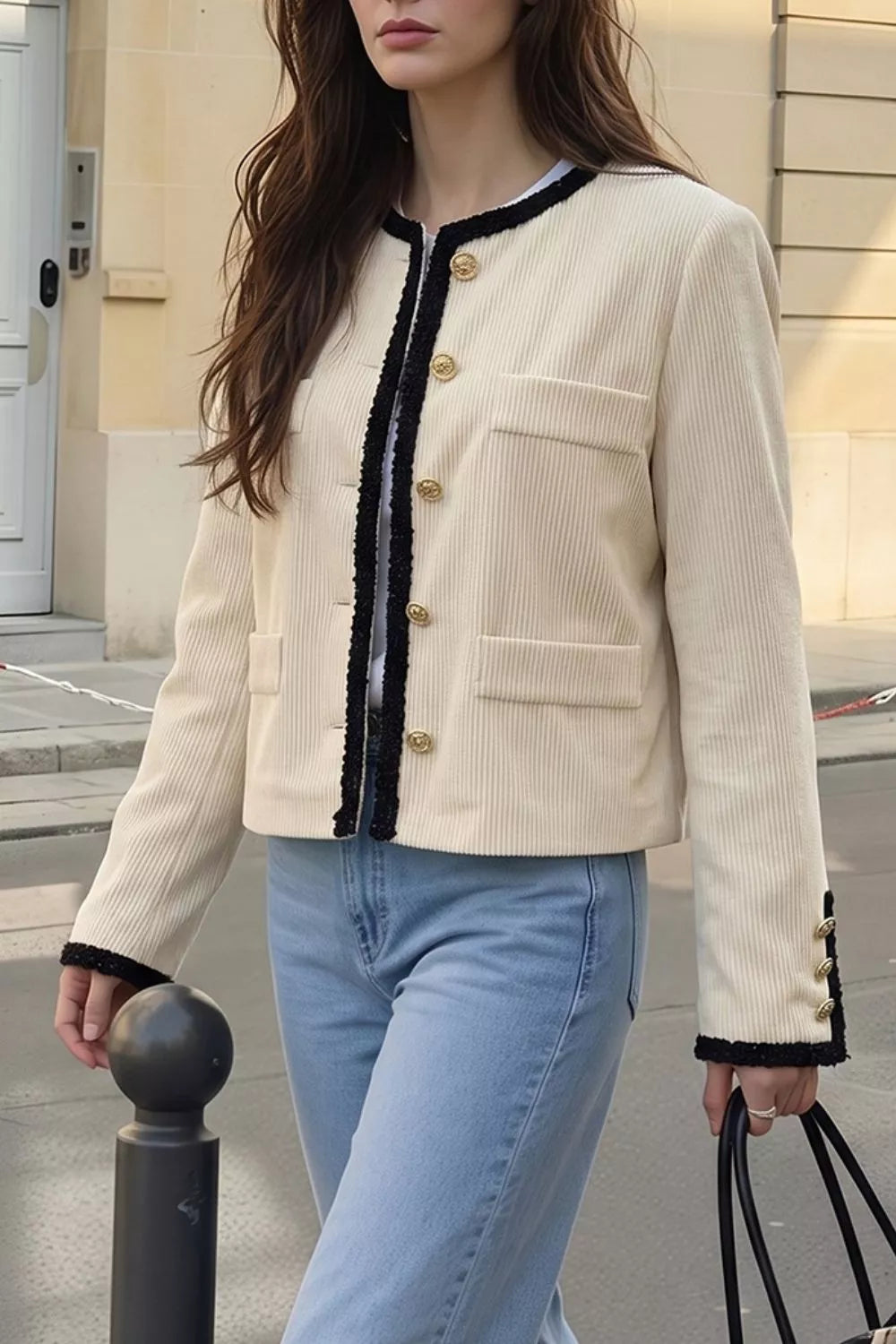 Women's Beige Contrast Trim Cropped Outerwear - Beige