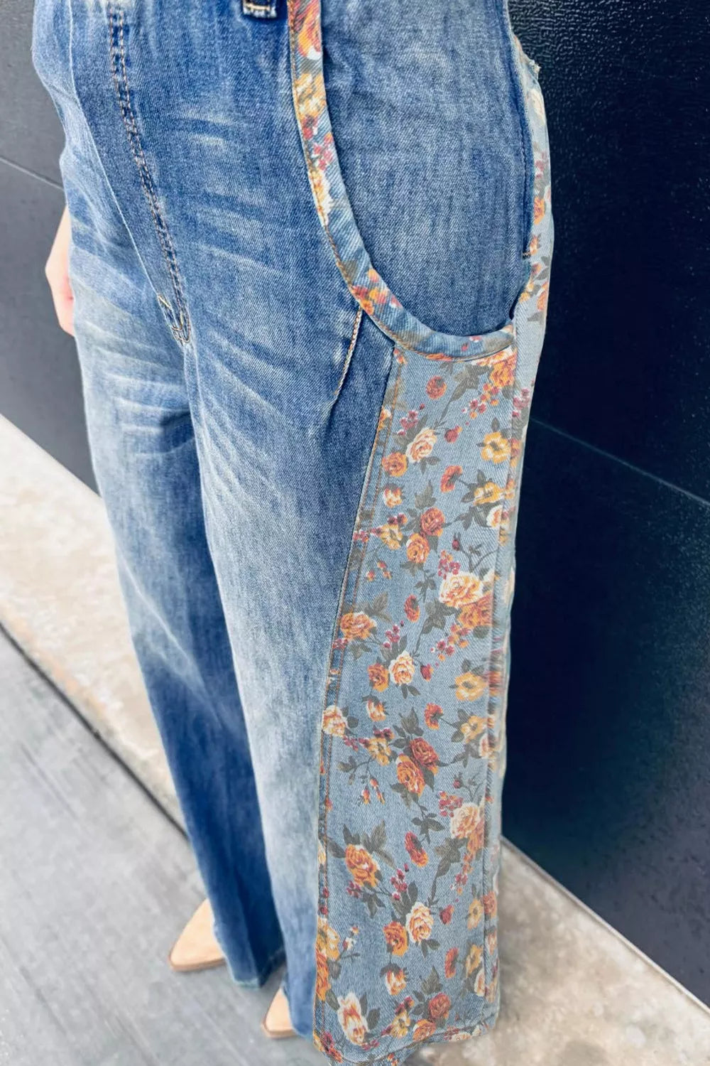 Women's Dusty Blue Vintage Rose Printed Pleated Loose Denim Overall - Dusty Blue