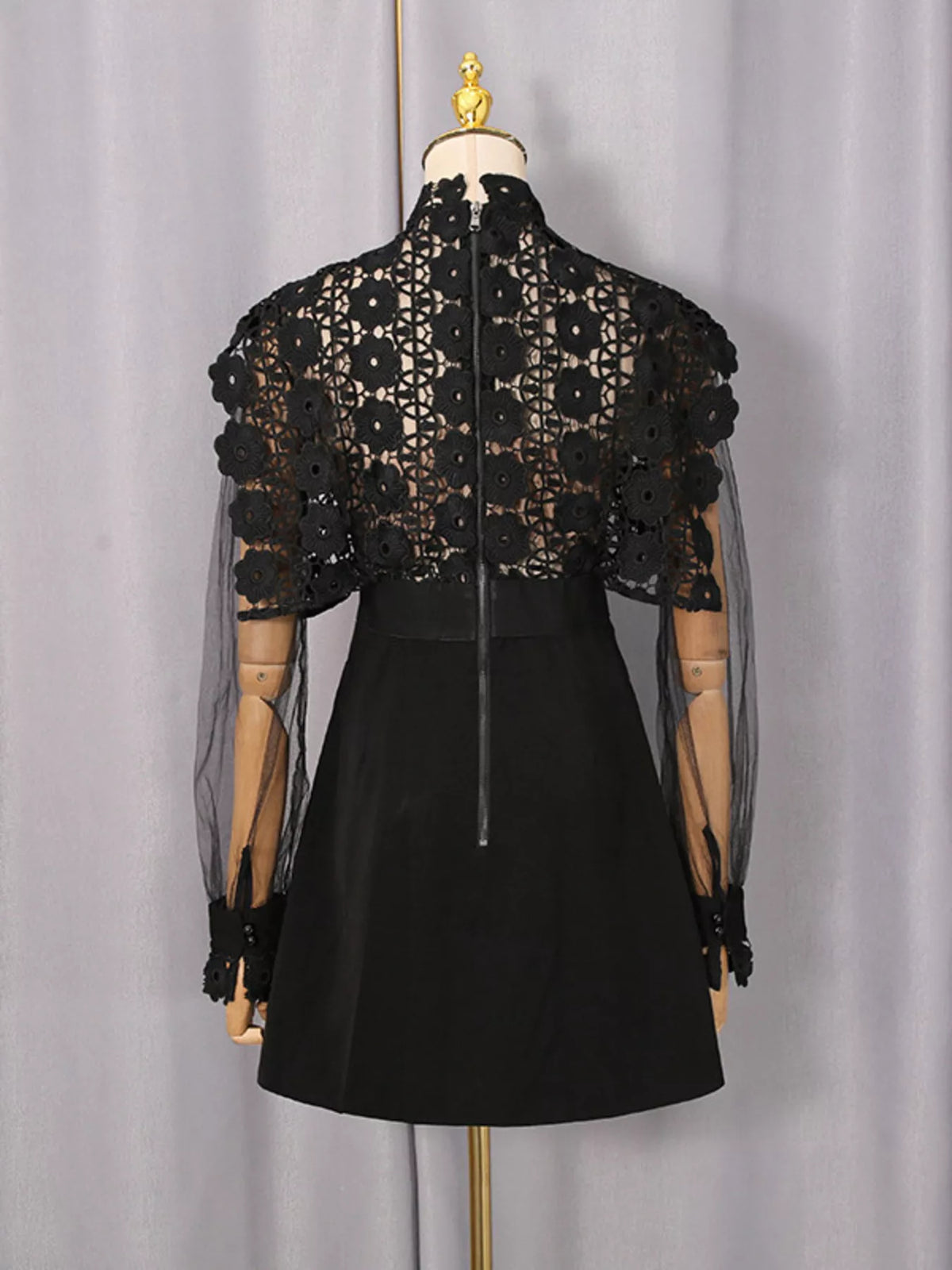 Women's Black Lace Sheer Sleeve Mini Dress - Black