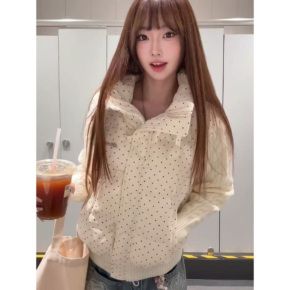 Polka-dot Knitted Patchwork Long-sleeve Cotton Jacket For Women