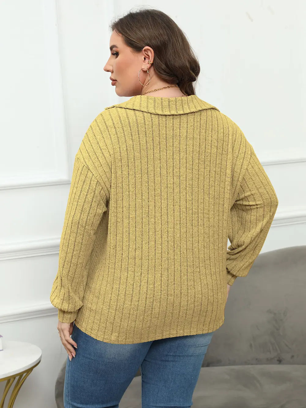 Women's Ribbed Collared Neck Long Sleeve Blouse, Plus Size