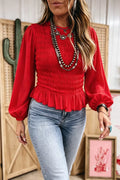 Women's Smocked Balloon Sleeves Peplum Blouse - Deep Red