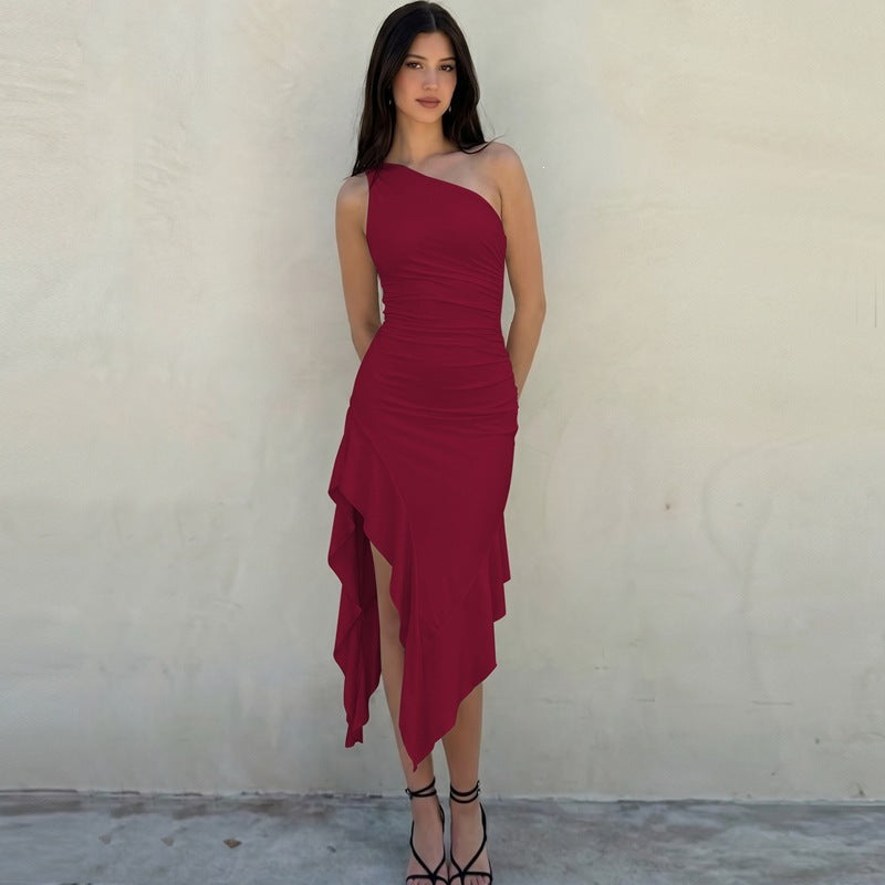 New Women's Elegant Slim-fit Solid-color Off-shoulder Sleeveless Dress