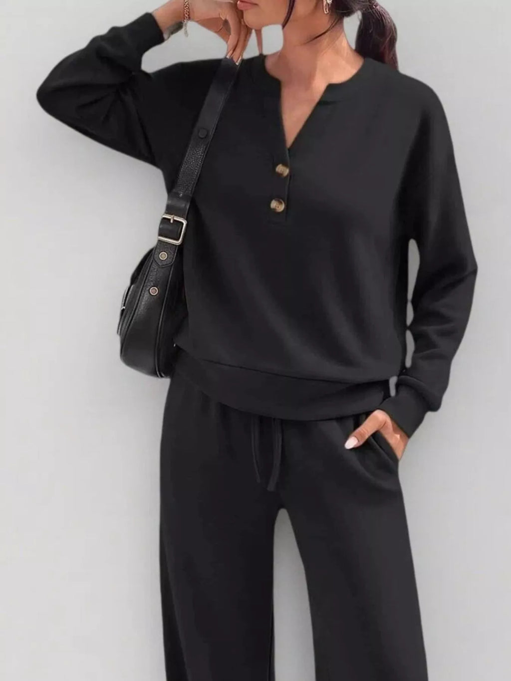 Women's Button Detail Dropped Shoulder Top and Pants Set