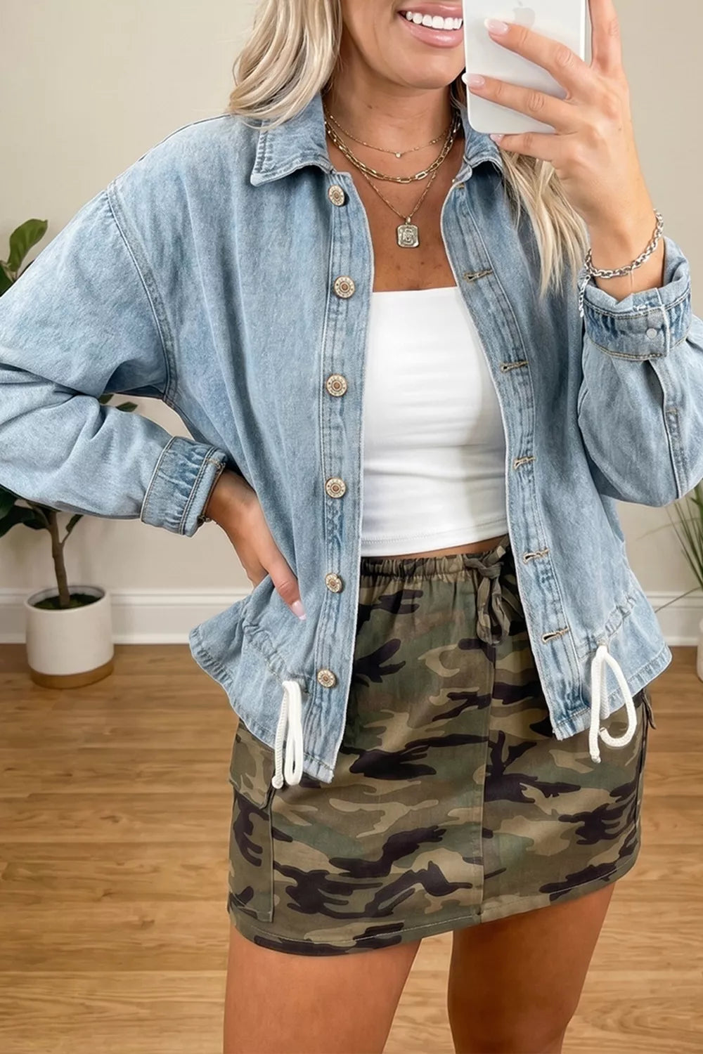 Women's Light Blue Draw-cord Hem Light Wash Denim Jacket - Light Blue