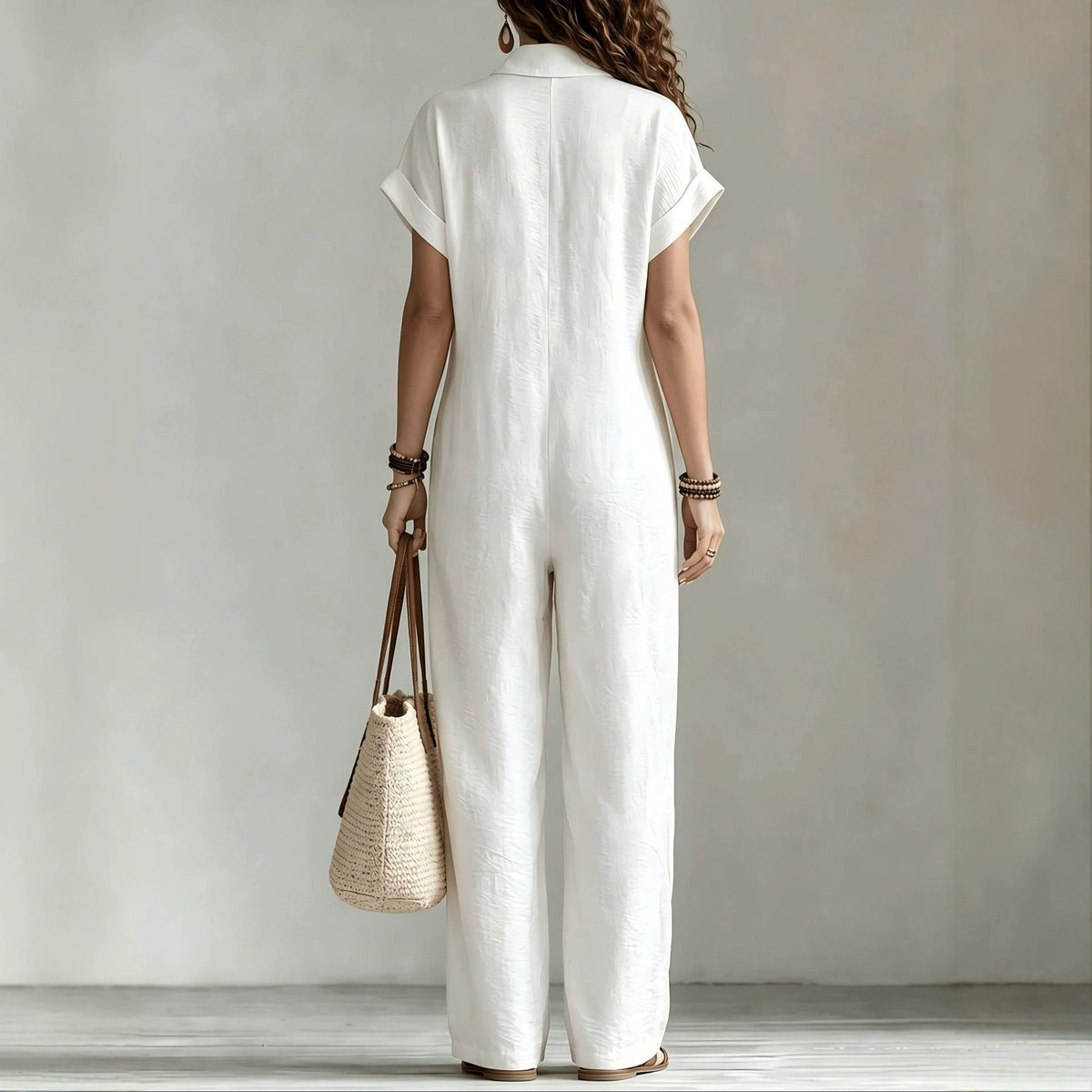 Loose-fitting Short-sleeve Button-front Wide-leg Jumpsuit