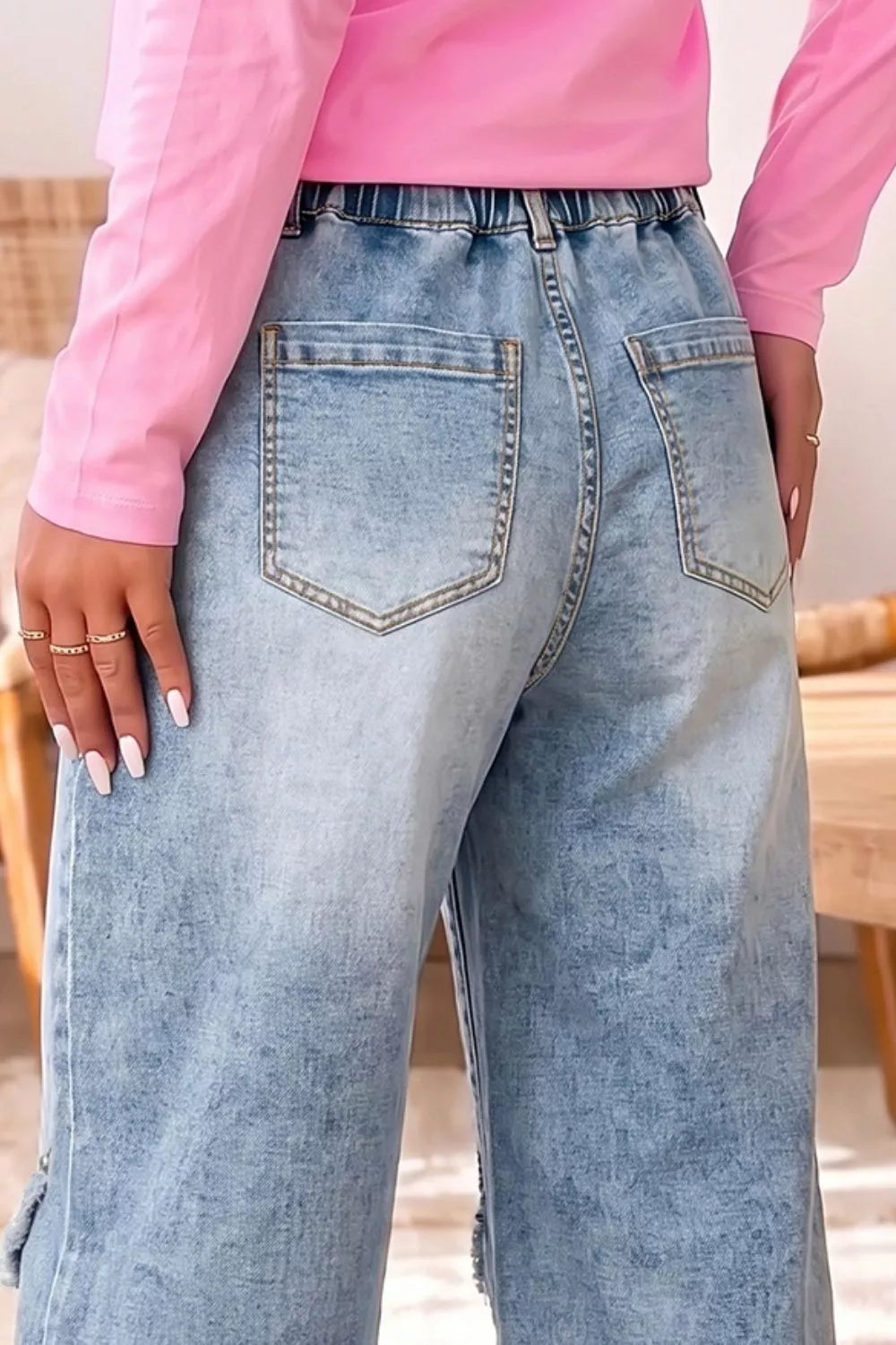 Women's Light Blue Studded Detail Wide-Leg Jeans - Light Blue