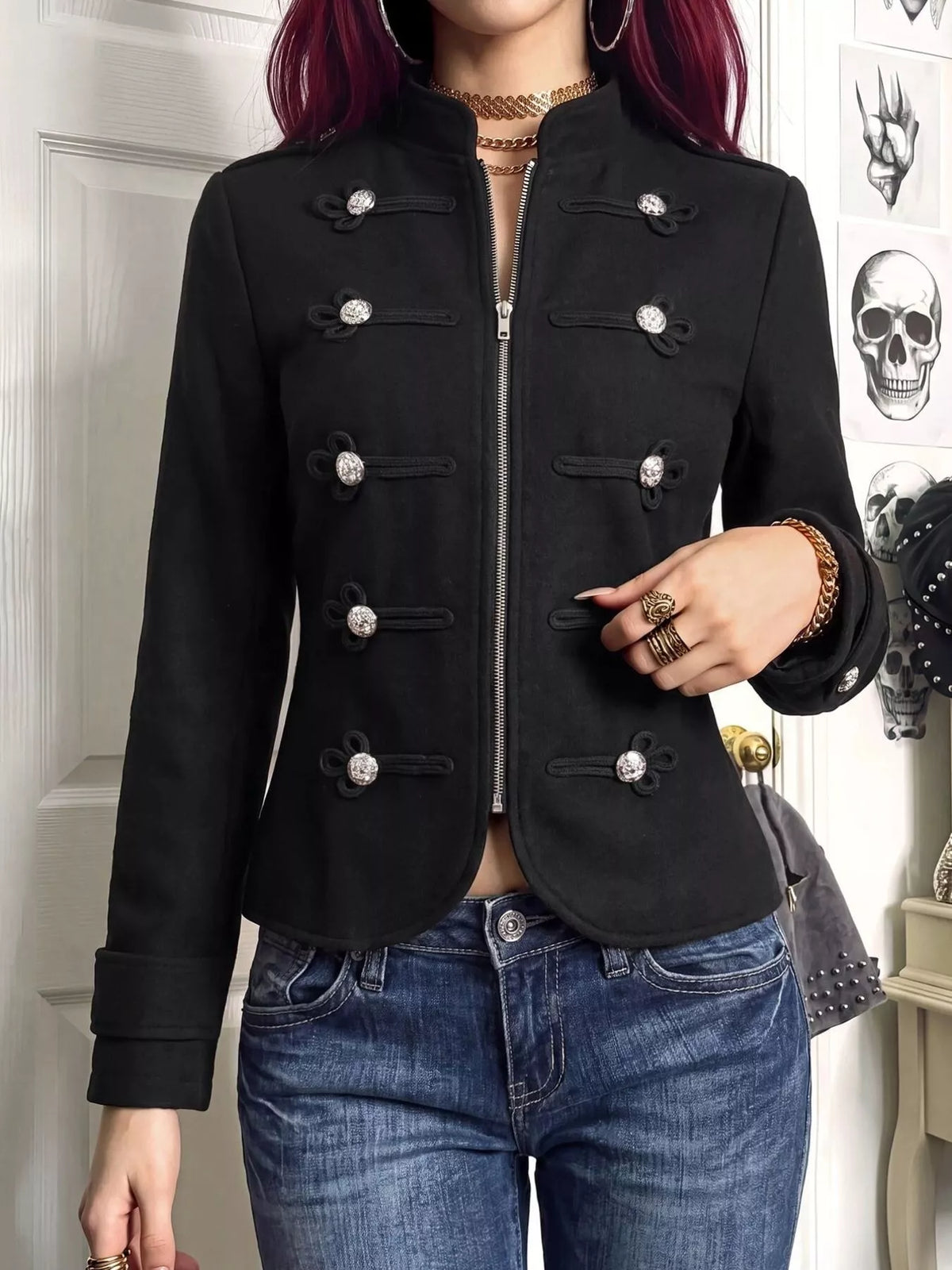 Women's Black Decorative Button Zip Up Outerwear - Black