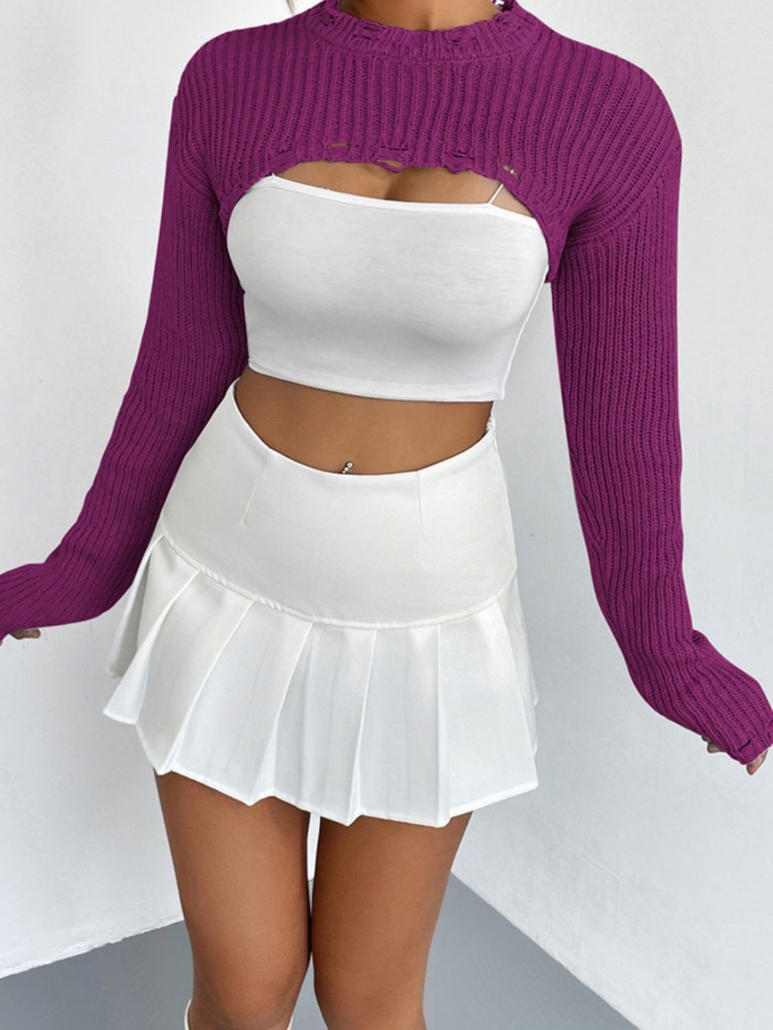 Women's Distressed Long Sleeve Cropped Sweater
