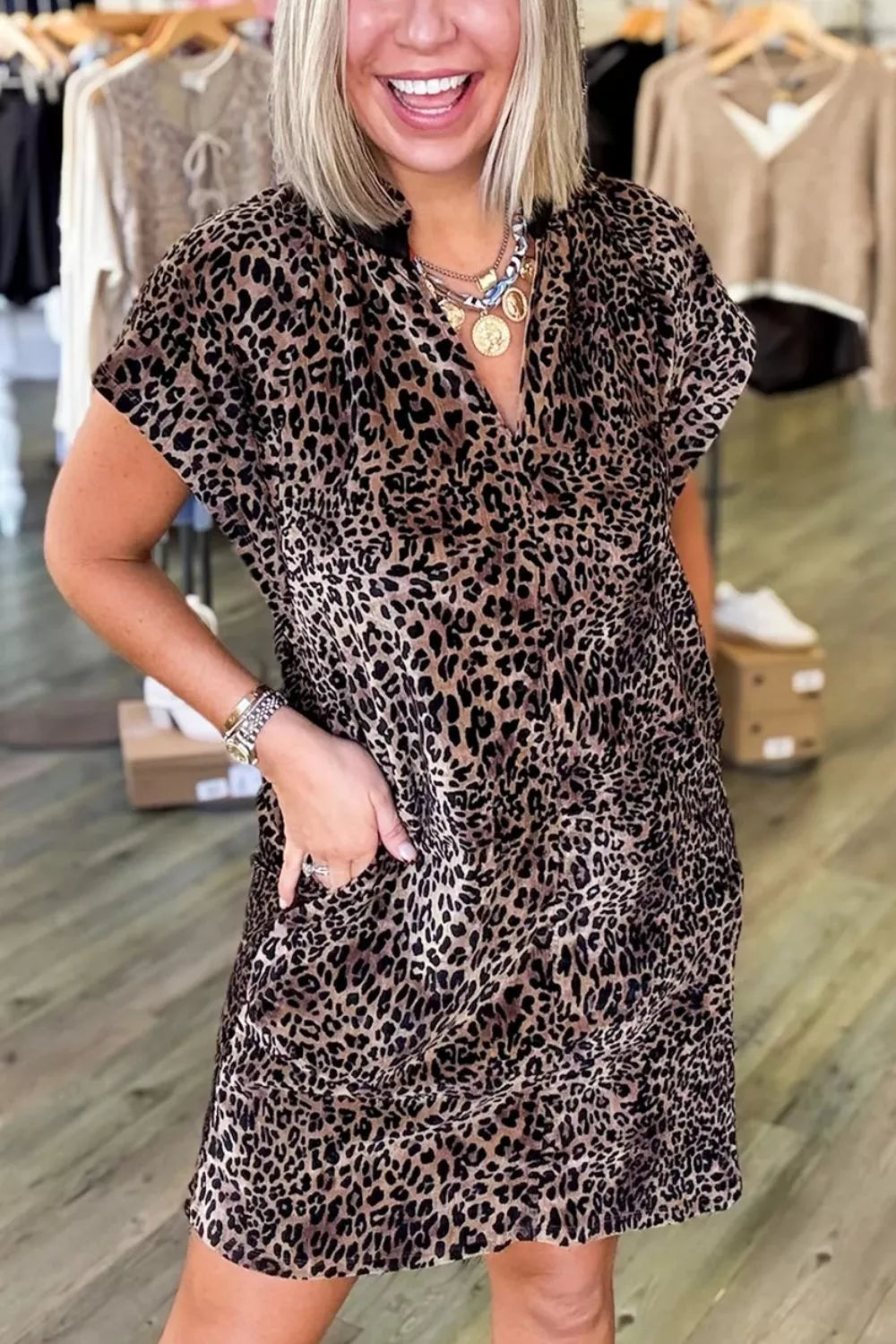 Leopard Print Short Sleeve Mini Shift Silhouette Dress
