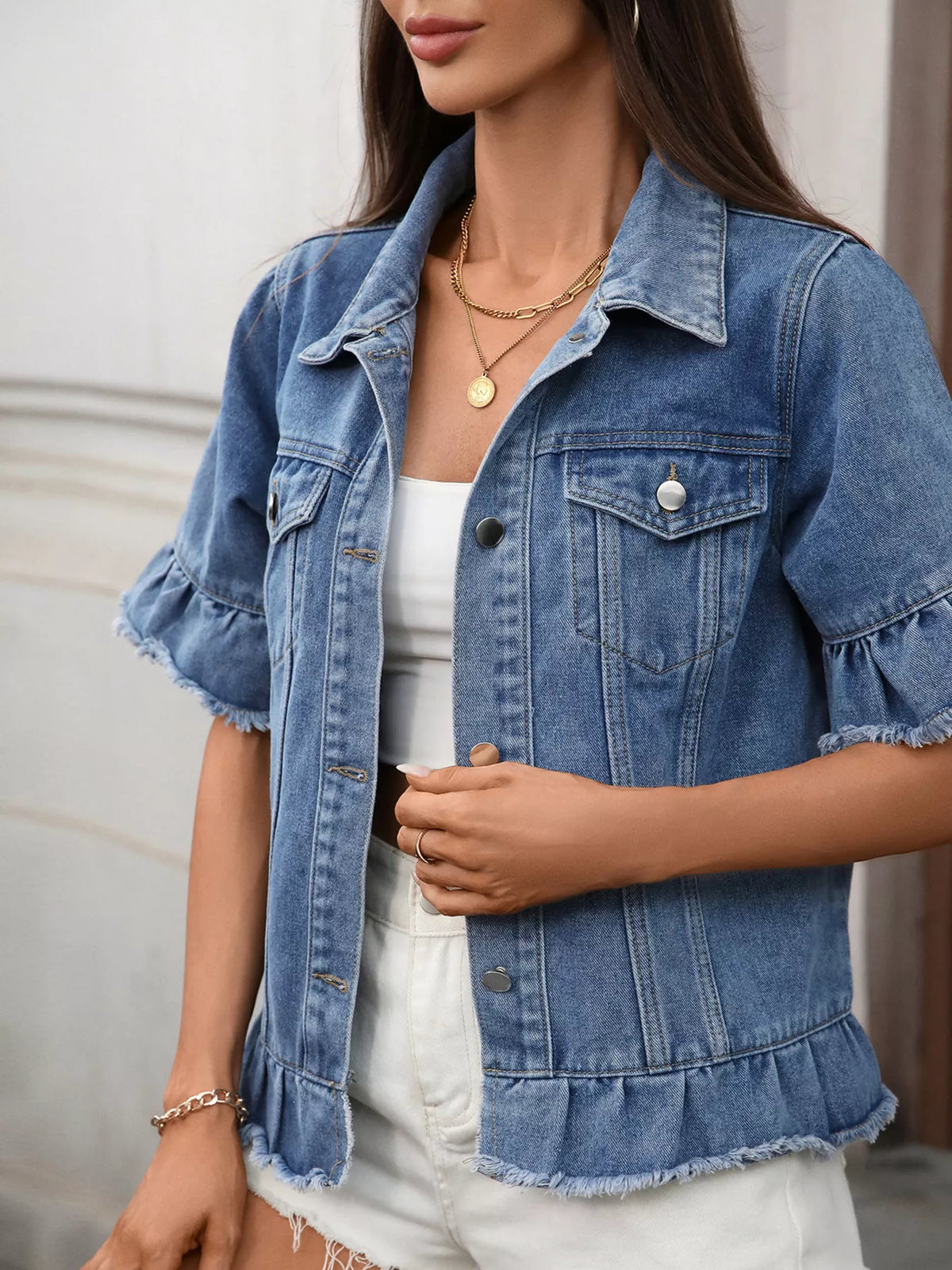 Women's Raw Hem Button Up Denim Jacket