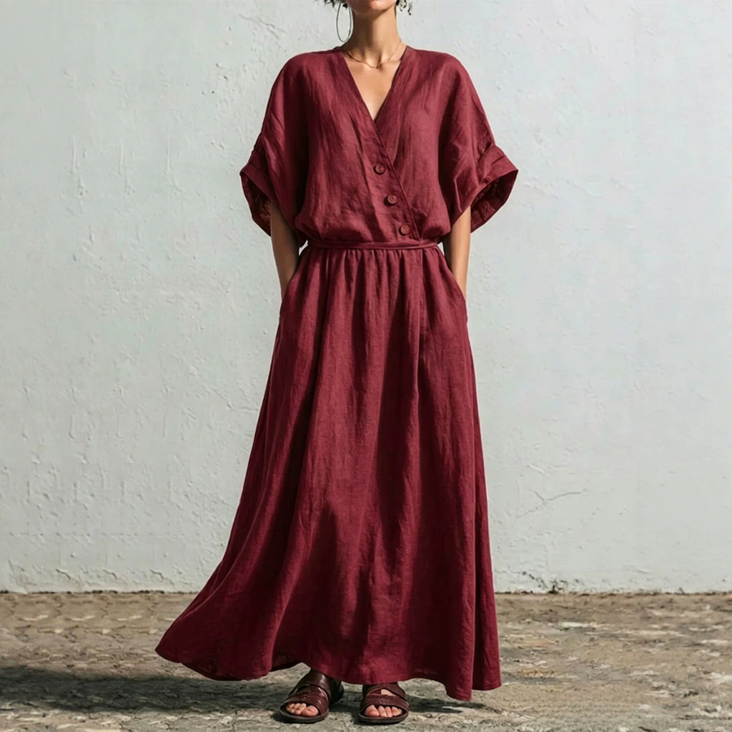 Women's Solid-Color Casual Loose V-Neck High-Waisted Dress