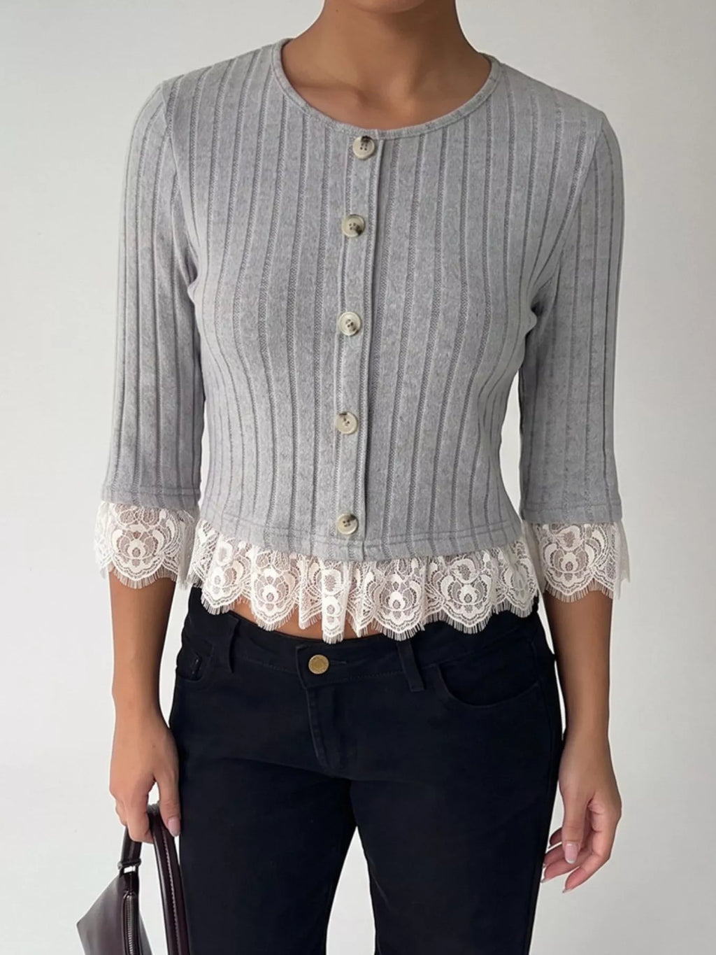 Women's Gray Lace Hem Ribbed Knit Button-Down Top - Gray