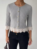 Women's Gray Lace Hem Ribbed Knit Button-Down Top - Gray