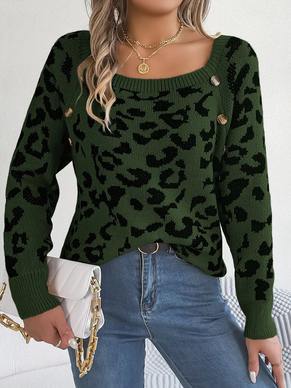 Women's Leopard Buttoned Square Neck Sweater