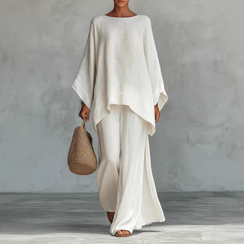 Women's European And American Cross-Border New Style Women's Simple Loose Linen Blend Shirt And Wide-Leg Pants Set