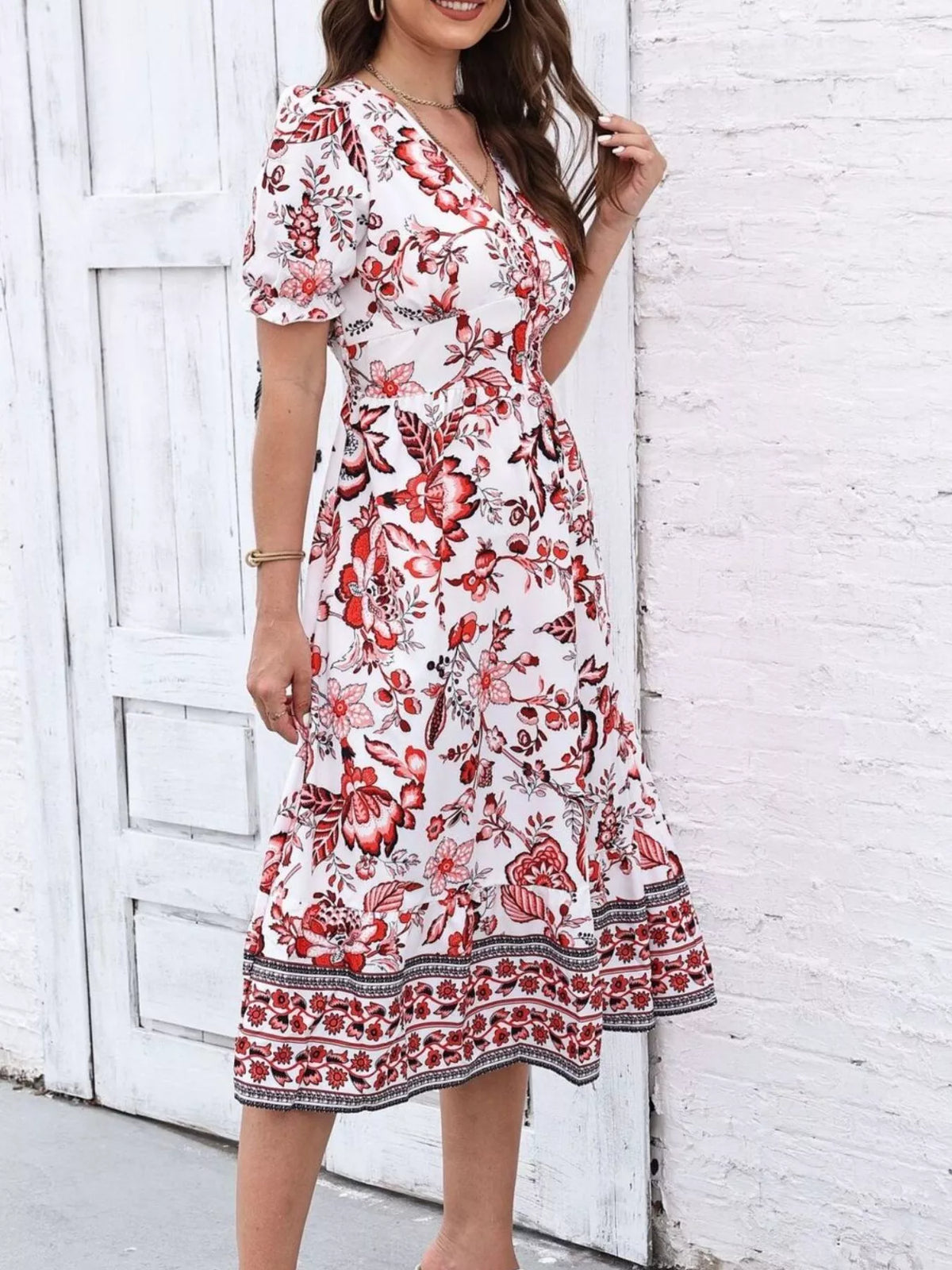 Women's Floral Print Puff Sleeve Wrap Midi Dress