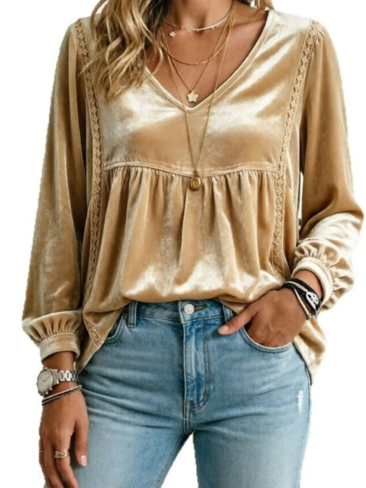 Full Size V-Neck Long Sleeve Velvet Blouse with Lace Trim Plus Size